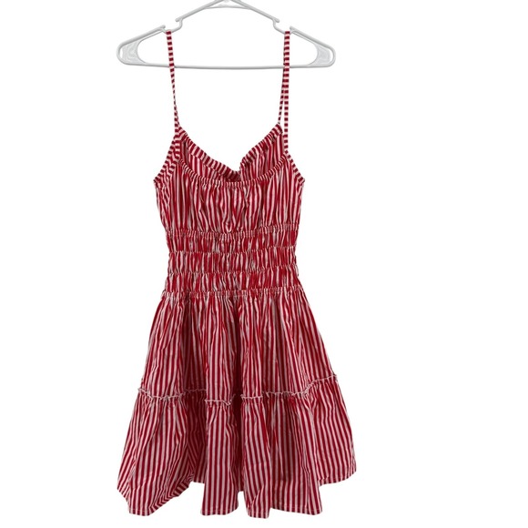 Lusana Rosa Poplin Mini Dress Red White Striped Smocked Womens Size 4 - Picture 5 of 10